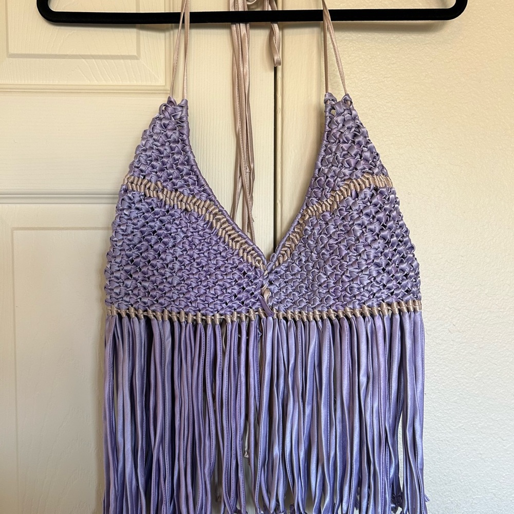 Purple Crochet Halter Top with Fringe